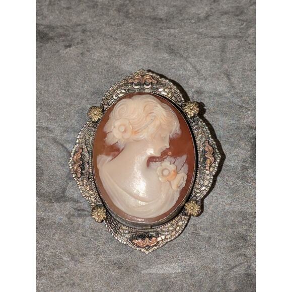 Beautiful Vintage 1990s Cameo Pin Brooch .925 Sterling Silver Floral Frame 1.75" - Picture 2 of 6